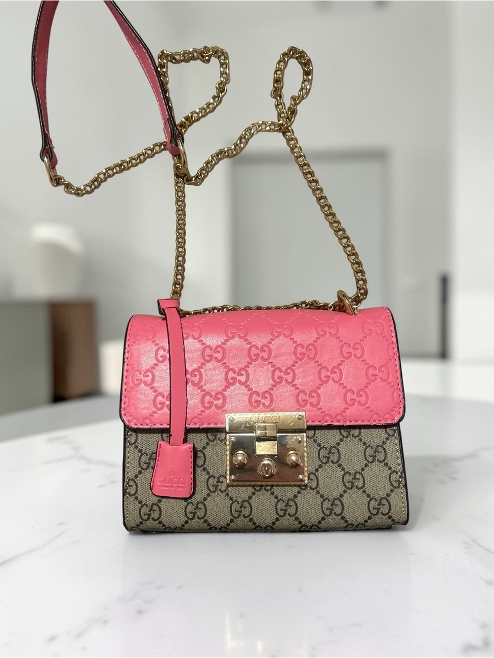 Gucci Pink GG Supreme Small Crossbody Bag with Gold Chain